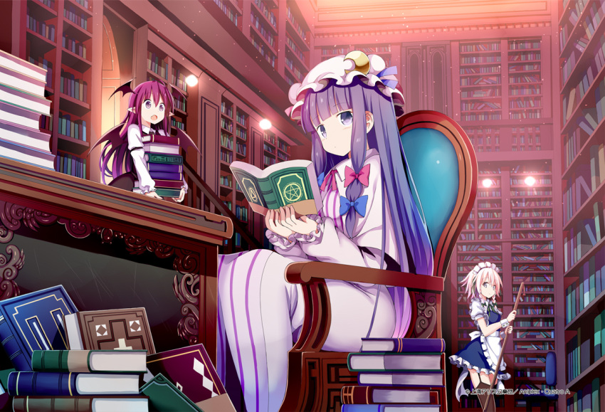 3girls apron blue_bow blue_dress blue_eyes blue_ribbon book bookshelf bow braid collared_shirt crescent crescent_hat_ornament demon_wings dress eyebrows_visible_through_hair givuchoko hat hat_ornament hat_ribbon head_wings holding holding_book izayoi_sakuya koakuma long_hair long_sleeves maid_apron maid_headdress mob_cap multiple_girls official_art open_book patchouli_knowledge pink_bow pink_ribbon pointy_ears puffy_short_sleeves puffy_sleeves purple_hair purple_headwear reading red_eyes redhead ribbon shirt short_hair short_sleeves sidelocks silver_hair sitting striped touhou touhou_cannonball twin_braids vertical-striped_dress vertical_stripes violet_eyes white_apron white_shirt wings