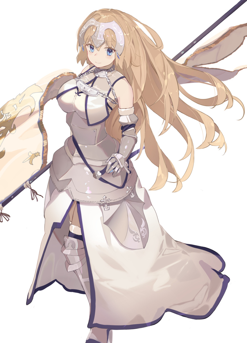 1girl absurdres armor armored_dress banner blonde_hair blue_eyes breasts chain fate/apocrypha fate/grand_order fate_(series) faulds flag fur-trimmed_legwear fur_trim gauntlets gorget headpiece highres holding holding_flag jeanne_d'arc_(fate) jeanne_d'arc_(fate/apocrypha) large_breasts long_hair plackart same_(sendai623) scabbard sheath sheathed simple_background smile solo standard_bearer sword thigh-highs very_long_hair weapon white_background