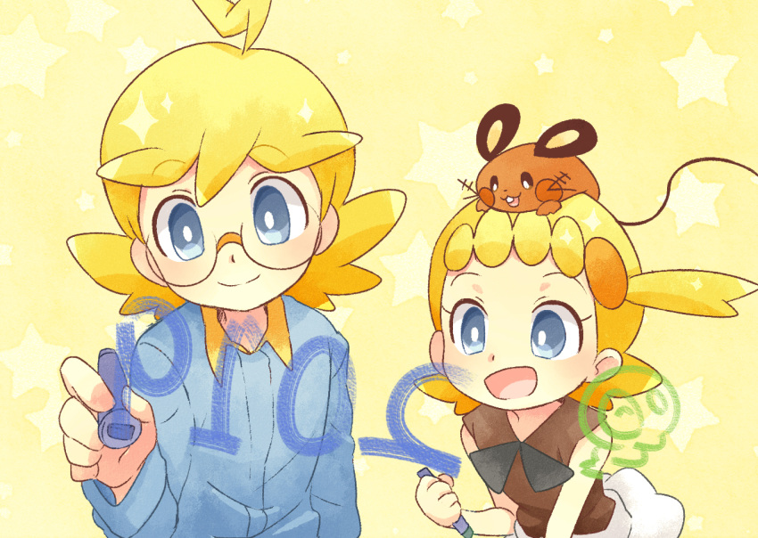 1boy 1girl ahoge akasaka_(qv92612) bangs blonde_hair bonnie_(pokemon) bright_pupils brother_and_sister brown_shirt clemont_(pokemon) closed_mouth commentary_request dedenne glasses grey_eyes hand_up holding holding_pen jumpsuit long_sleeves on_head pen pokemon pokemon_(anime) pokemon_(creature) pokemon_on_head pokemon_xy_(anime) shirt siblings skirt sleeveless sleeveless_shirt smile white_pupils white_skirt writing