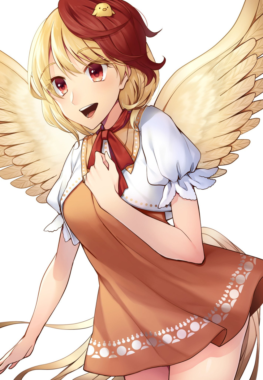 1girl :d animal_on_head bird bird_on_head bird_wings breasts chick clenched_hand dress eyebrows_visible_through_hair feathered_wings hand_on_own_chest highres kaede_(mmkeyy) medium_breasts multicolored_hair niwatari_kutaka on_head open_mouth orange_dress puffy_short_sleeves puffy_sleeves red_eyes red_neckwear red_ribbon redhead ribbon short_hair short_sleeves simple_background smile solo symbol-only_commentary teeth thighs touhou two-tone_hair upper_body upper_teeth white_background wings yellow_eyes