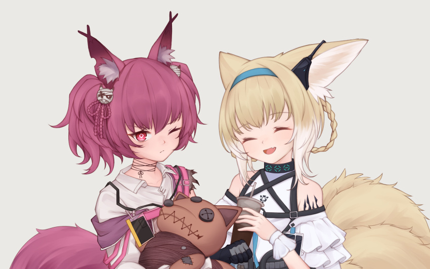 2girls absurdres animal_ear_fluff animal_ears arknights bare_shoulders black_ribbon blonde_hair blue_hairband braid burnt_clothes c-string chinese_commentary closed_eyes collarbone commentary_request cup diamond-shaped_pupils diamond_(shape) earpiece eyebrows_visible_through_hair fang fox_ears fox_girl fox_tail grey_background hair_ornament hair_ribbon hairband highres holding holding_cup holding_stuffed_toy id_card infection_monitor_(arknights) looking_at_viewer lxjun_09 multicolored_hair multiple_girls multiple_tails neck_ribbon one_eye_closed open_mouth oripathy_lesion_(arknights) pink_hair pink_ribbon ribbon shamare_(arknights) shirt short_hair simple_background skin_fang skull_hair_ornament strapless_bottom streaked_hair stuffed_toy suzuran_(arknights) symbol-shaped_pupils tail twintails upper_body white_hair white_shirt white_wrist_cuffs