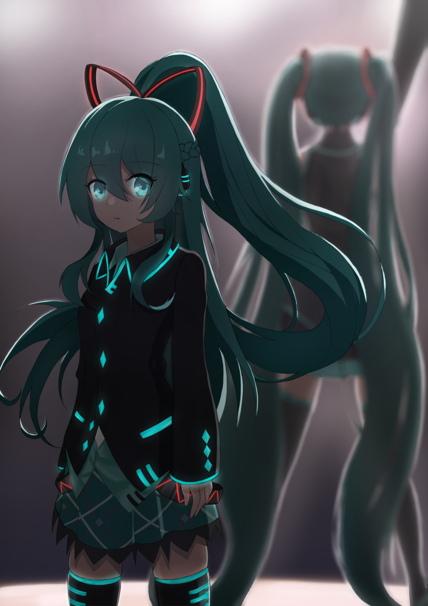 2girls absurdres aqua_hair aqua_skirt arm_up arms_at_sides bare_shoulders black_legwear black_shirt black_skirt black_sleeves blurry blurry_background braid commentary cowboy_shot detached_sleeves dual_persona expressionless french_braid from_behind glowing glowing_eyes grey_shirt hair_ornament hair_ribbon hatsune_miku hatsune_miku_(if) headphones highres long_hair long_sleeves looking_at_viewer miniskirt multiple_girls neon_trim outstretched_arm plaid plaid_skirt pleated_skirt ponytail ribbon shark_jelly shirt skirt sleeveless sleeveless_shirt spotlight stage standing striped striped_ribbon thigh-highs twintails very_long_hair vocaloid zettai_ryouiki