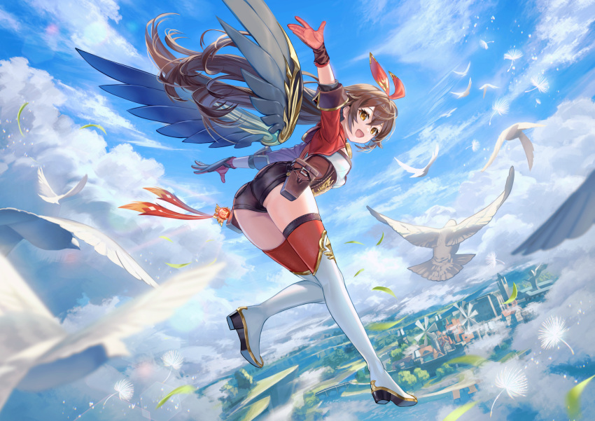 1girl amber_(genshin_impact) bangs bird black_gloves black_shorts blue_sky brown_hair building city clouds commentary_request crossed_bangs feathers flying genshin_impact gloves green_eyes hair_between_eyes hands_up highres hill leaf long_hair looking_at_viewer looking_back maica_sunahara messy_hair multicolored multicolored_clothes multicolored_legwear open_clothes open_mouth open_shirt outstretched_arms red_ribbon ribbon scenery short_sleeves shorts sidelocks sky smile solo thigh-highs thighs tree water wings wrist_cuffs