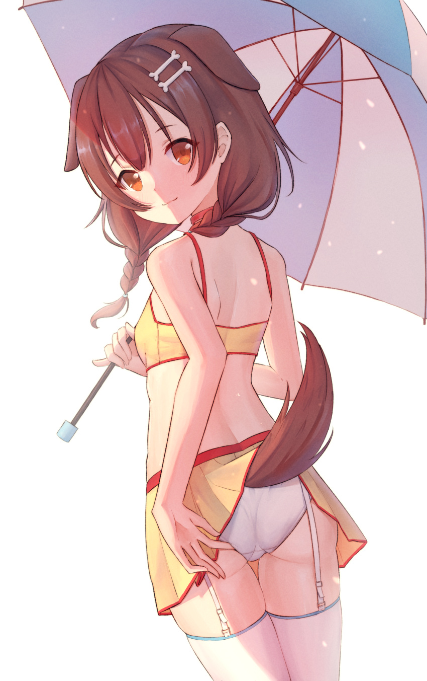 1girl absurdres adjusting_clothes adjusting_swimsuit animal_collar animal_ears ass bangs bare_shoulders blush bone_hair_ornament braid brown_tail cartoon_bone collar commentary_request cowboy_shot dog_ears dog_girl dog_tail from_behind garter_straps hair_between_eyes hair_ornament highres holding holding_umbrella hololive inugami_korone looking_at_viewer looking_back low_twin_braids medium_hair panties panties_under_swimsuit ray_peng red_collar revision simple_background skindentation smile solo standing swimsuit tail thigh-highs thigh_gap twin_braids umbrella underwear virtual_youtuber white_background white_legwear