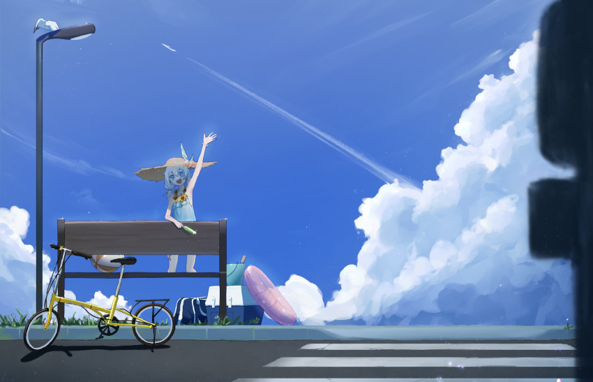 1girl :d aircraft airplane ball bangs beachball bench bicycle blue_eyes blue_sky clouds cloudy_sky cooler dress food full_body grass ground_vehicle hair_between_eyes hat highres holding holding_food honkai_(series) honkai_impact_3rd innertube kneeling lamppost open_mouth outdoors outstretched_arm popsicle sky smile solo straw_hat summer summer_uniform sundress theresa_apocalypse theresa_apocalypse_(valkyrie_pledge) waving white_hair zhijianshenshi