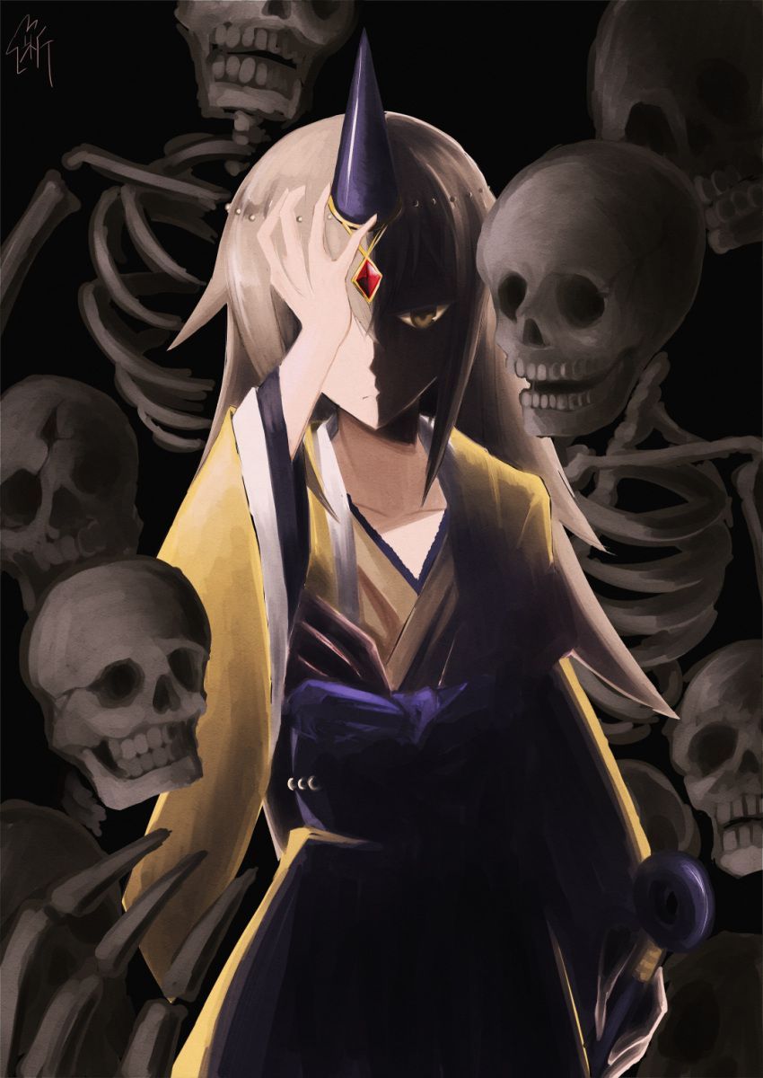 1girl black_background c15wakashamo grey_hair hand_over_eye highres horns japanese_clothes kureha_yuna magia_record:_mahou_shoujo_madoka_magica_gaiden magical_girl mahou_shoujo_madoka_magica messy_hair oni shading single_horn skeleton skull solo soul_gem wide_sleeves yellow_eyes