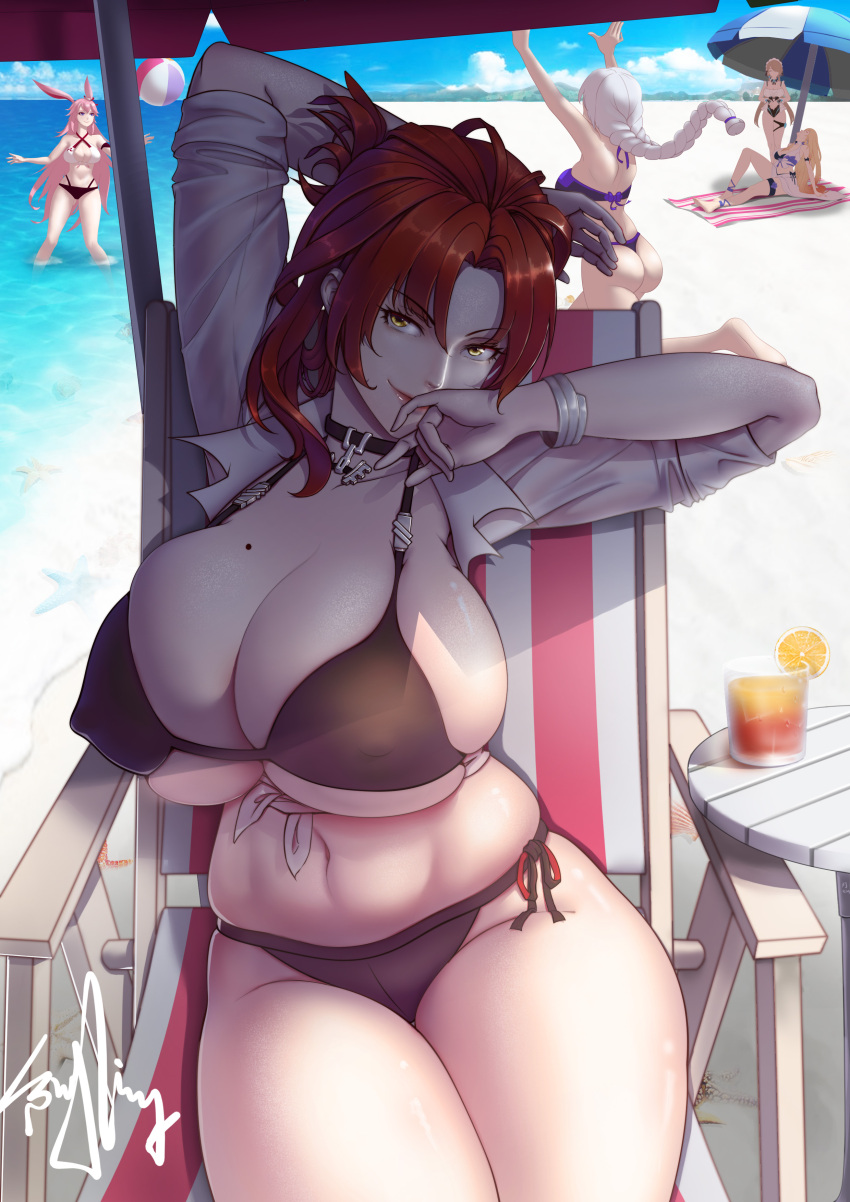 4girls 5girls absurdres arm_up ass ball beach beach_chair beach_umbrella beachball bikini black_bikini blue_sky bracelet braid breasts character_request choker clouds commentary_request covered_nipples crop_top cup curvy food fruit highres honkai_(series) honkai_impact_3rd huge_breasts jewelry kqingueen_aking large_breasts lemon lemon_slice mature_female mole mole_on_breast multiple_girls murata_himeko navel ocean partially_submerged purple_bikini redhead sand shore single_braid sitting sky smile standing swimsuit table thick_thighs thighs umbrella under_boob water white_hair yellow_eyes