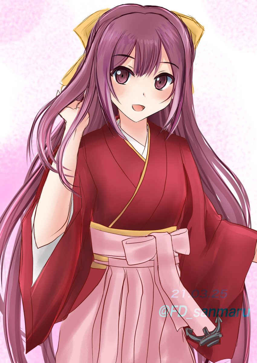 1girl bow commentary_request dated fd_(fd_sanmaru) gradient_hair hair_bow hakama highres japanese_clothes kamikaze_(kancolle) kantai_collection kimono long_hair meiji_schoolgirl_uniform multicolored_hair pink_hakama purple_hair red_kimono smile solo twitter_username violet_eyes yellow_bow