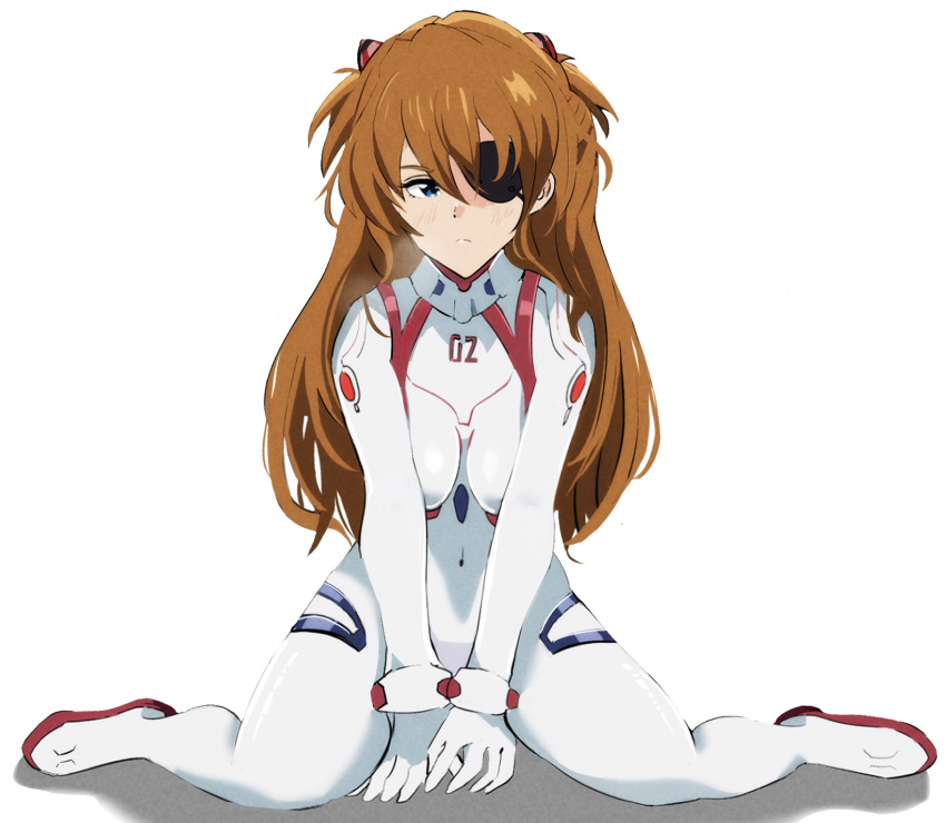1girl bangs black_eyepatch blue_eyes blush bodysuit breasts commentary evangelion:_3.0+1.0_thrice_upon_a_time eyepatch frown full_body highres interface_headset long_hair looking_to_the_side medium_breasts neon_genesis_evangelion oni-_-on orange_hair plugsuit rebuild_of_evangelion simple_background sitting skin_tight solo souryuu_asuka_langley wariza white_background white_bodysuit