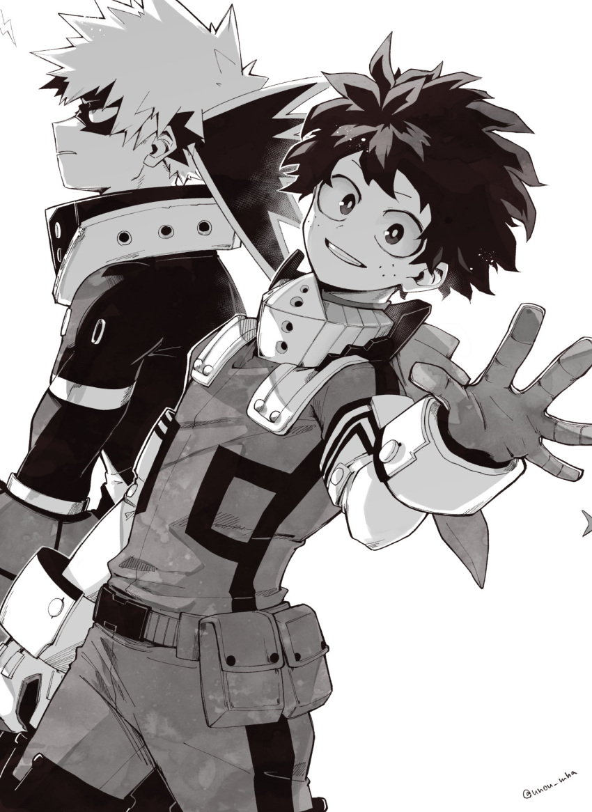 2boys bakugou_katsuki bangs belt bodysuit boku_no_hero_academia commentary_request freckles from_side gloves greyscale grin hand_up highres jewelry midoriya_izuku monochrome multiple_boys pants pouch profile short_hair simple_background smile spiky_hair unou_(unou_mha) white_background