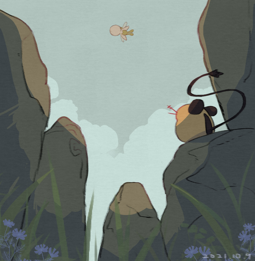 celebi commentary_request dated day dedenne flower flying from_below highres leels no_humans outdoors pokemon pokemon_(creature) purple_flower rock sky