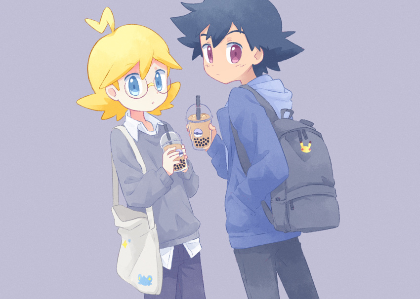 2boys akasaka_(qv92612) ash_ketchum backpack bag bangs black_hair blonde_hair bubble_tea clemont_(pokemon) closed_mouth collared_shirt commentary_request cup drinking_straw grey_background holding holding_cup hood hooded_jacket jacket long_sleeves looking_at_viewer looking_back male_focus multiple_boys pants pikachu poke_ball_print pokemon pokemon_(anime) pokemon_xy_(anime) shirt short_hair sweater violet_eyes white_shirt