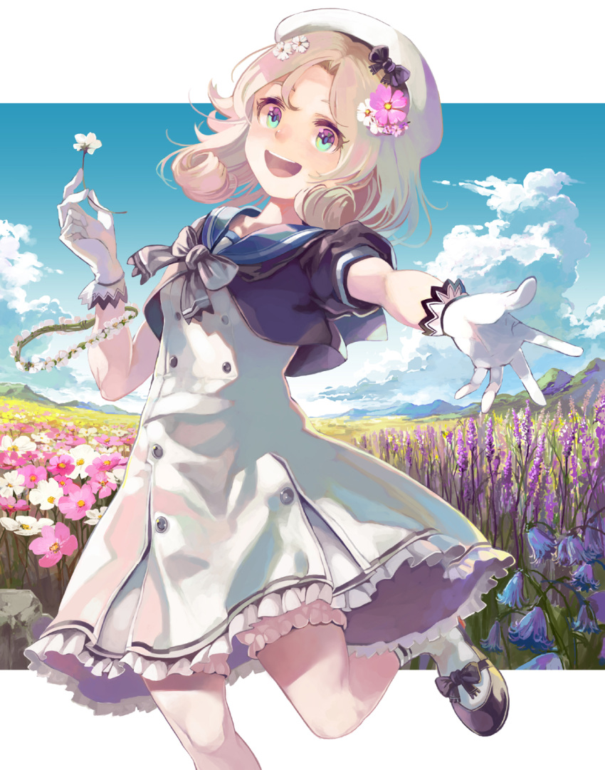 1girl bangs black_neckwear blonde_hair blue_eyes blue_sailor_collar blue_sky blush clouds commentary_request dress field flower flower_field gloves hair_flower hair_ornament hat highres holding holding_flower janus_(kancolle) kantai_collection looking_at_viewer mat_(seiga38529) open_mouth parted_bangs sailor_collar sailor_dress sailor_hat short_hair short_sleeves skirt sky smile solo white_dress white_gloves white_headwear