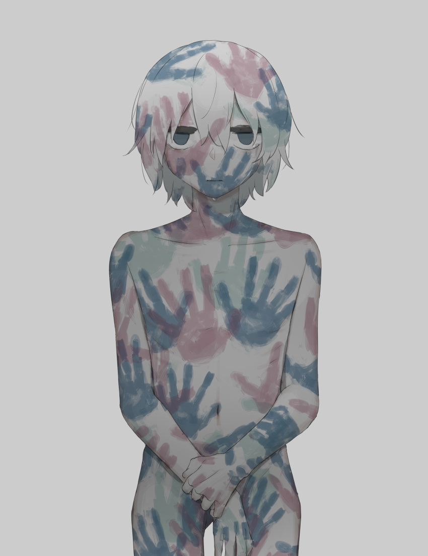 1boy absurdres avogado6 blue_eyes bodypaint closed_mouth commentary_request completely_nude cowboy_shot hand_print highres holding_own_wrist jitome looking_at_viewer male_focus naked_paint navel nude original pale_skin simple_background solo standing white_background white_hair