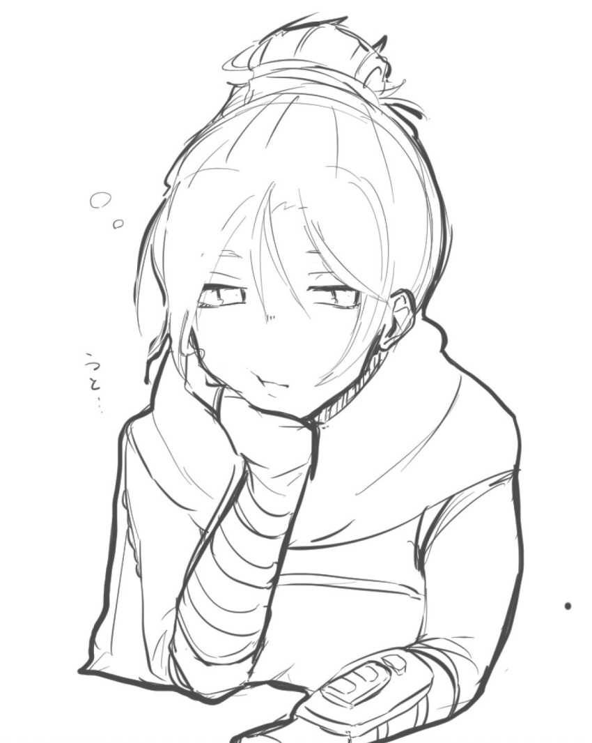 1girl apex_legends bored gloves greyscale hair_behind_ear hair_bun hand_on_own_cheek hand_on_own_face highres looking_to_the_side monochrome niyamu pout sitting sketch solo white_background wraith_(apex_legends)