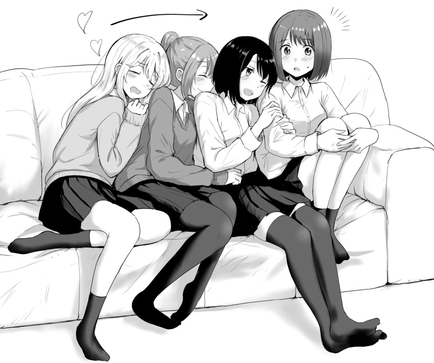 4girls :d arm_grab arrow_(symbol) bangs betock bob_cut breasts buttons closed_eyes couch drooling eyebrows_visible_through_hair hand_on_knees highres knees_to_chest knees_up leaning_on_person long_hair medium_hair monochrome multiple_girls one_eye_closed open_mouth original pantyhose ponytail school_uniform sitting skirt sleeping sleeping_on_person small_breasts smile socks sweatdrop sweater thigh-highs zettai_ryouiki