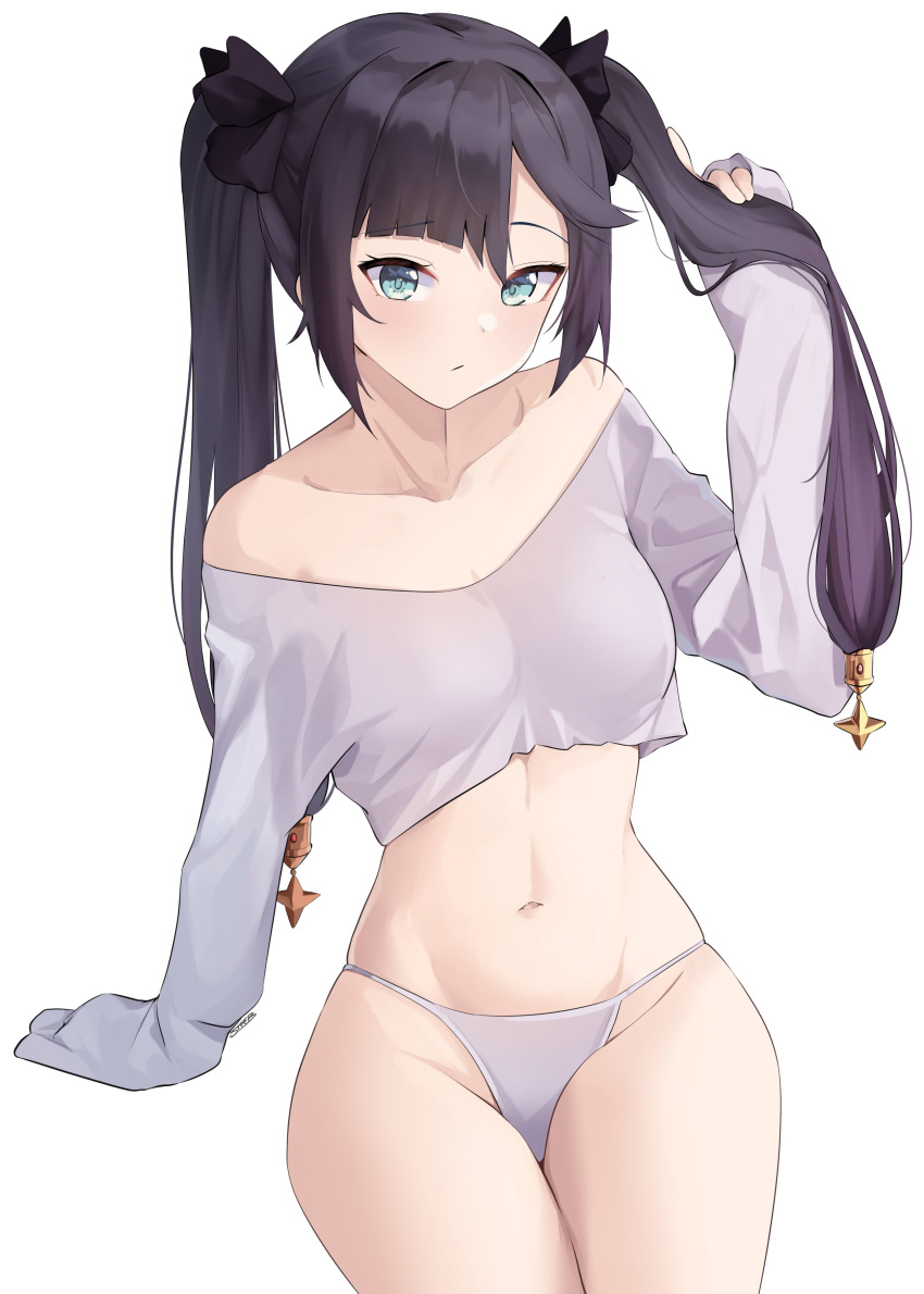 1girl absurdres black_hair blue_eyes bow breasts collarbone crop_top genshin_impact hair_bow hand_up highres long_hair long_sleeves looking_at_viewer medium_breasts mona_(genshin_impact) navel no_pants off-shoulder_shirt off_shoulder panties shirt simple_background sitting solo steeb stomach string_panties thighs twintails underwear white_background white_panties white_shirt