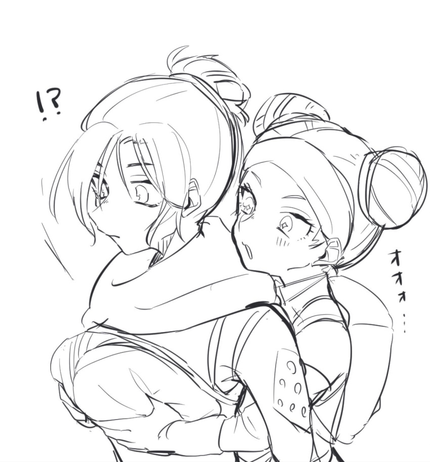 !? +_+ 2girls :o apex_legends backpack bag bangs breast_grab breasts double_bun from_side gloves grabbing greyscale hair_behind_ear hair_bun highres lifeline_(apex_legends) medium_breasts monochrome multiple_girls niyamu scarf sketch surprised wraith_(apex_legends) yuri