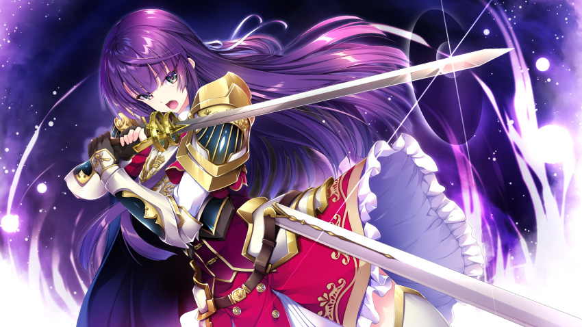 1girl armor armored_boots bangs black_gloves blue_cape boots breastplate cape eyebrows_visible_through_hair faulds fingerless_gloves floating_hair frilled_skirt frills game_cg gloves green_eyes hair_ribbon highres holding holding_sword holding_weapon long_hair looking_at_viewer official_art open_mouth purple_background purple_hair red_skirt ribbon secret_agent_~kishi_gakuen_no_shinobi_naru_mono~ sheath shiny shiny_hair shirogane_kagura shoulder_armor skirt solo standing sword thigh-highs thigh_boots underbust very_long_hair weapon white_footwear white_ribbon