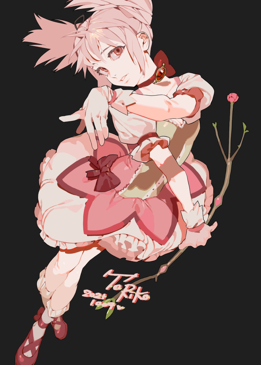 1girl ballerina black_background bow_(weapon) bubble_skirt choker collarbone gloves gong_(mgong520) hair_between_eyes highres holding holding_weapon kaname_madoka looking_at_viewer magical_girl mahou_shoujo_madoka_magica pink_eyes pink_hair puffy_short_sleeves puffy_sleeves short_sleeves short_twintails skirt solo twintails weapon white_gloves white_legwear