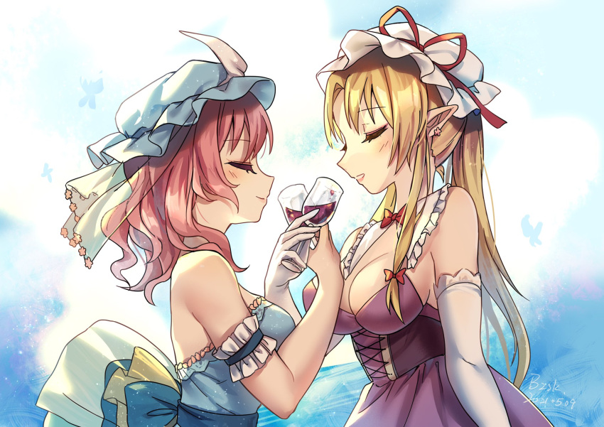 2girls adapted_costume alcohol arm_garter artist_name bangs blonde_hair blue_background blue_kimono blush bow breasts closed_eyes commentary_request corset cup dated detached_collar dress drinking_glass elbow_gloves eyebrows_visible_through_hair gloves hair_bow happy hat hat_ribbon highres hu_su japanese_clothes kimono large_breasts lips mixed-language_commentary mob_cap multiple_girls off-shoulder_dress off_shoulder pink_hair pointy_ears ribbon saigyouji_yuyuko simple_background touhou triangular_headpiece upper_body veil white_gloves wine wine_glass yakumo_yukari