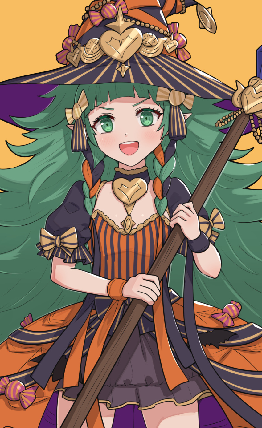 1girl bangs black_dress black_hair blunt_bangs braid broom candy commentary cowboy_shot dress fire_emblem fire_emblem:_three_houses fire_emblem_heroes flat_chest food gonzarez green_eyes green_hair halloween_costume hat highres long_hair looking_at_viewer multicolored_hair official_alternate_costume open_mouth orange_hair pointy_ears puffy_short_sleeves puffy_sleeves short_sleeves simple_background smile solo sothis_(fire_emblem) striped twin_braids very_long_hair witch_hat wristband yellow_background