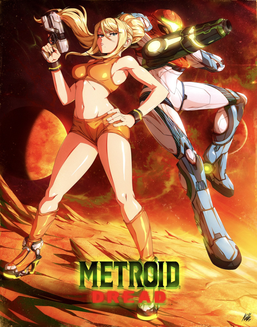 1girl arm_cannon armor bangs blonde_hair blue_eyes breasts fire full_body glowing gun helmet high_heels highres kellzallday large_breasts long_hair looking_at_viewer metroid metroid_dread mole mole_under_mouth navel ponytail power_armor samus_aran science_fiction shorts sidelocks simple_background skin_tight solo varia_suit visor weapon