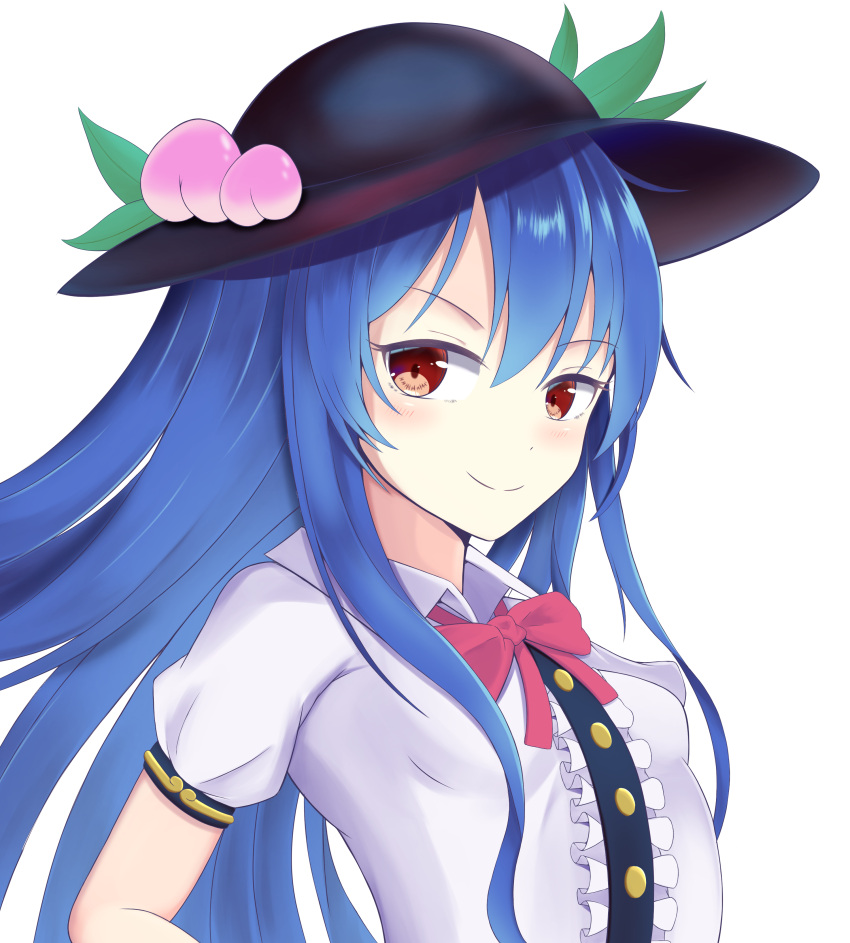 1girl absurdres bangs black_headwear blue_hair blush bow bowtie breasts buttons closed_mouth collar collared_shirt eyebrows_visible_through_hair food fruit hair_between_eyes hat highres hinanawi_tenshi leaf long_hair looking_to_the_side peach pink_bow pink_neckwear puffy_short_sleeves puffy_sleeves red_eyes shirt short_sleeves simple_background small_breasts smile solo str11x touhou upper_body white_background white_shirt white_sleeves