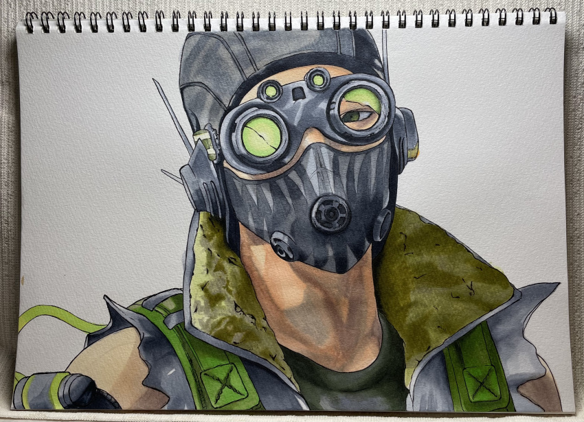 1boy apex_legends black_eyes black_headwear broken_goggles cable goggles gorio_(user_gvjg7372) grey_vest highres looking_at_viewer male_focus marker_(medium) mask mouth_mask octane_(apex_legends) photo_(medium) solo traditional_media vest