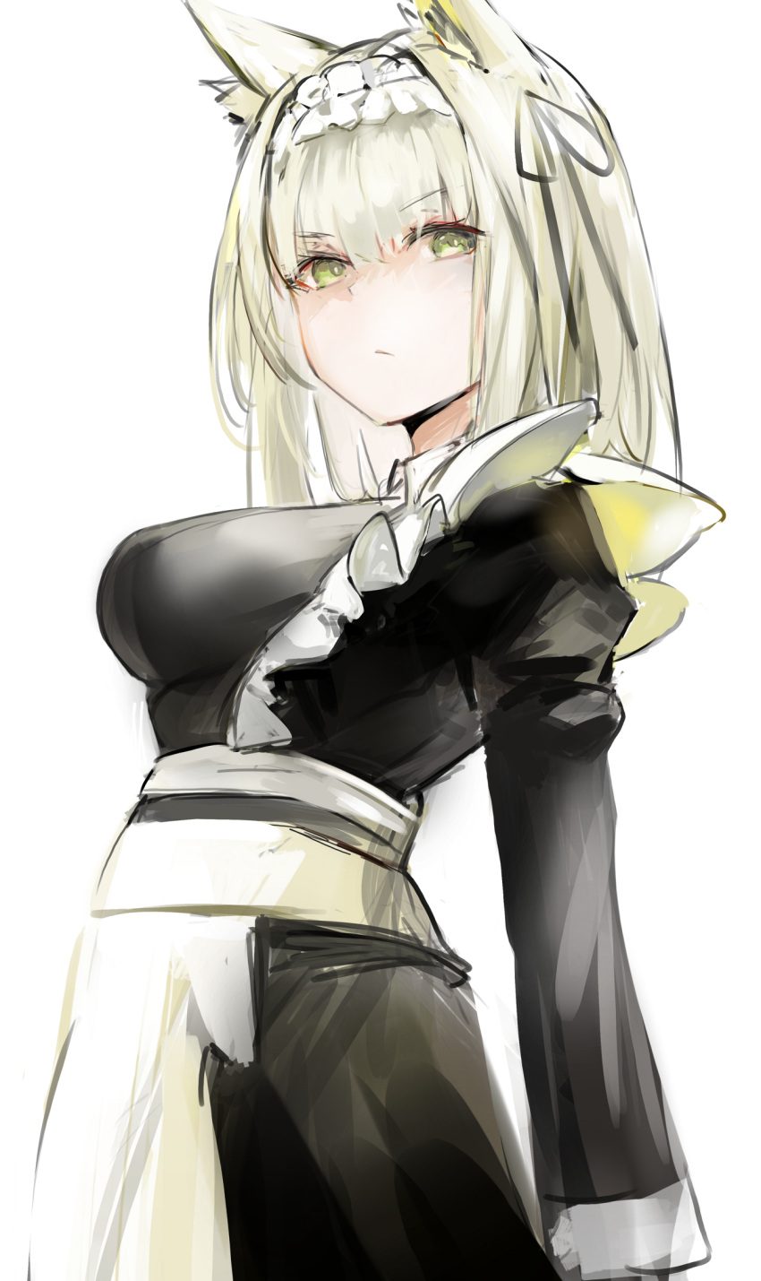 1girl apron arknights black_dress blonde_hair closed_mouth cowboy_shot dress eyebrows_visible_through_hair frills gnai green_eyes highres kal'tsit_(arknights) long_sleeves looking_at_viewer maid maid_headdress official_alternate_costume scowl short_hair simple_background solo v-shaped_eyebrows waist_apron white_apron white_background