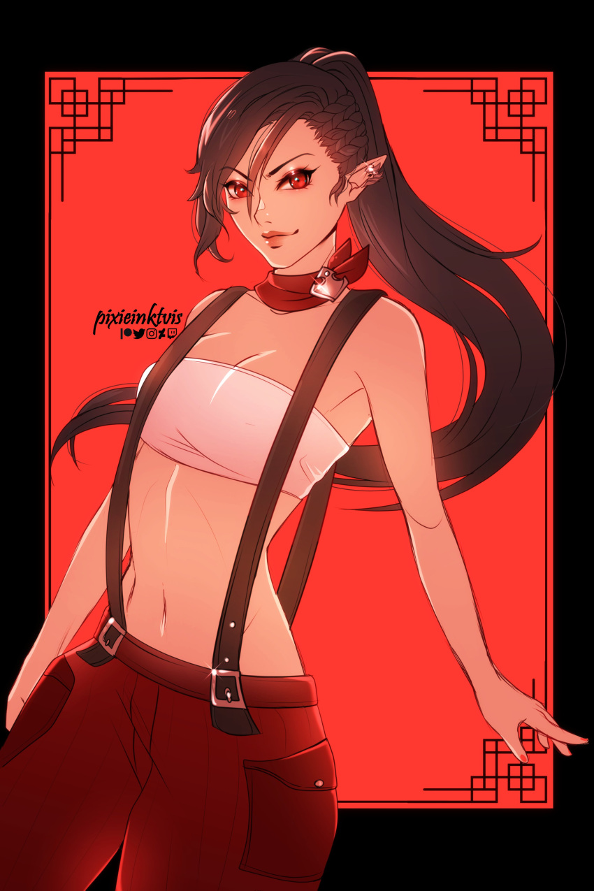 1girl absurdres artist_name bandeau black_hair earrings elezen elf final_fantasy final_fantasy_xiv hair_between_eyes highres hilda_ware hybrid hyur jewelry long_hair looking_at_viewer pixie_(pixieinktvis) pointy_ears ponytail red_eyes scarf solo suspenders watermark