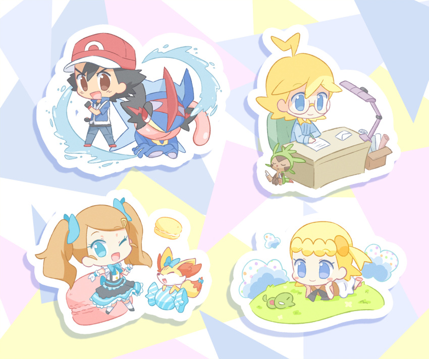 2boys 2girls :d ;d akasaka_(qv92612) ash-greninja ash_ketchum bangs baseball_cap black_hair blonde_hair blue_eyes blush_stickers bonnie_(pokemon) brown_eyes brown_hair candy_wrapper chair chespin clemont_(pokemon) commentary_request desk envelope eyelashes fennekin glasses gloves grass greninja hat jacket jumpsuit lying multiple_boys multiple_girls on_stomach one_eye_closed open_mouth pants paper pokemon pokemon_(anime) pokemon_(creature) pokemon_xy_(anime) red_footwear red_headwear serena_(pokemon) shoes short_sleeves skirt smile socks tied_hair tongue twintails water writing zygarde zygarde_core