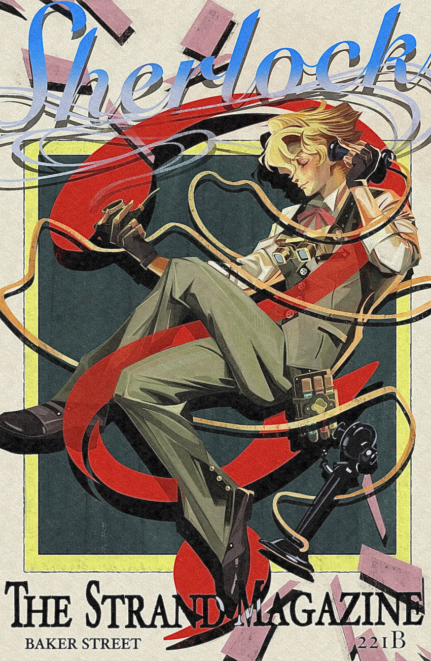 1boy absurdres ace_attorney black_footwear blonde_hair candlestick_phone character_name closed_eyes collared_shirt commentary_request cover crossed_legs cursive fake_cover fake_magazine_cover fingerless_gloves from_side full_body gloves goggles goggles_around_neck herlock_sholmes highres holding holding_phone holding_pipe magazine_cover male_focus neck_ribbon pants phone pipe red_neckwear ribbon shino_bunnys shirt short_hair smoke solo the_great_ace_attorney vial waistcoat