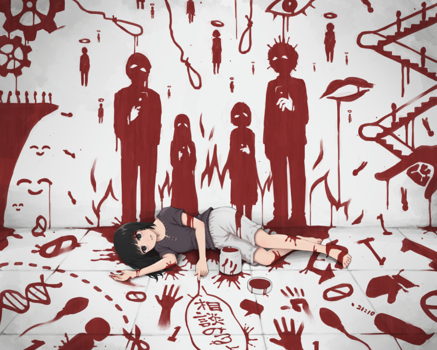 1girl black_eyes black_hair commentary dna_strand dying_message escalator fake_blood fire halo hand_print holding holding_phone long_hair lying noose on_side original phone shorts silhouette sperm_cell translation_request yajirushi_(chanoma)