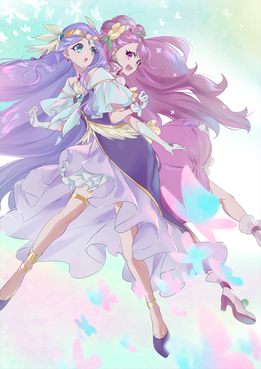 2girls :d :o absurdres anklet back-to-back bangs bare_legs blue_eyes circlet cure_earth cure_grace dress earrings elbow_gloves eyelashes floating_hair flower gloves hair_flower hair_ornament healin'_good_precure highres jewelry layered_skirt long_hair miniskirt multiple_girls open_mouth pink_eyes precure pumps purple_footwear purple_hair redhead shiny shiny_hair shipu_(gassyumaron) skirt skirt_under_dress smile swept_bangs thighlet very_long_hair white_footwear white_gloves white_skirt yellow_flower