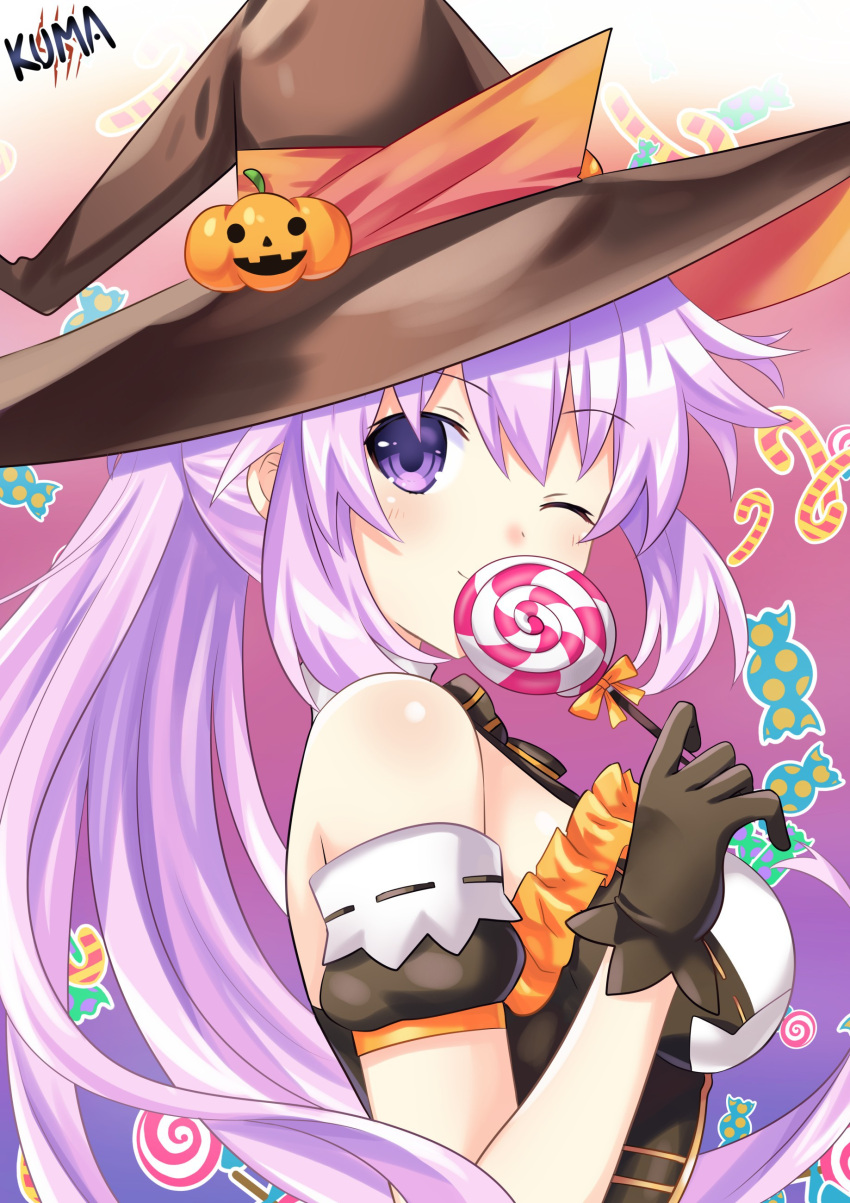1girl ;) absurdres adult_neptune alternate_costume alternate_hairstyle bare_shoulders breasts brown_gloves candy covering_mouth detached_sleeves food from_side gloves halloween halloween_costume hand_up happy hat highres lewdkuma lollipop long_hair looking_at_viewer looking_to_the_side medium_breasts neptune_(series) one_eye_closed ponytail pumpkin_hat_ornament purple_hair smile solo sweets upper_body very_long_hair violet_eyes witch_hat