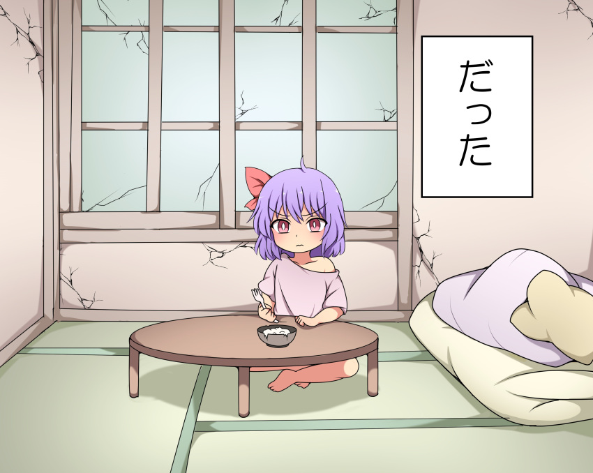 &gt;:( 1girl absurdres barefoot blanket broken_window cracked_wall futon hair_ribbon highres indian_style jahy-sama_wa_kujikenai! off_shoulder parody pillow purple_hair red_eyes remilia_scarlet ribbon shirt sitting solo suwaneko t-shirt table touhou translation_request v-shaped_eyebrows