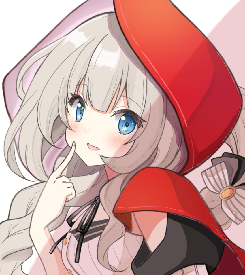 1girl :d bangs black_ribbon blue_eyes blush bow braid cape eyebrows_visible_through_hair fate/grand_order fate_(series) flower_in_eye grey_hair hair_bow hand_up highres hood hood_up hooded_cape long_hair looking_at_viewer marie_antoinette_(fate) motoi_ayumu neck_ribbon open_mouth red_cape ribbon shirt single_braid smile solo striped striped_bow symbol_in_eye upper_body very_long_hair white_bow white_shirt