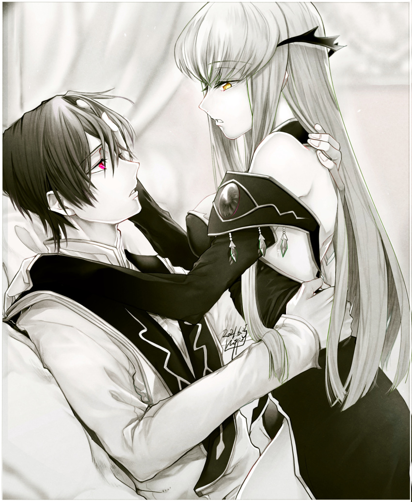 1boy 1girl 2021 bangs black_leotard black_sleeves blurry blurry_background breasts c.c. code_geass couple covered_nipples dated detached_sleeves eye_contact eyebrows_visible_through_hair hair_between_eyes hand_in_another's_hair hetero highres lelouch_lamperouge leotard limited_palette long_hair long_sleeves looking_at_another medium_breasts noppo parted_lips red_eyes short_hair sideboob signature very_long_hair yellow_eyes