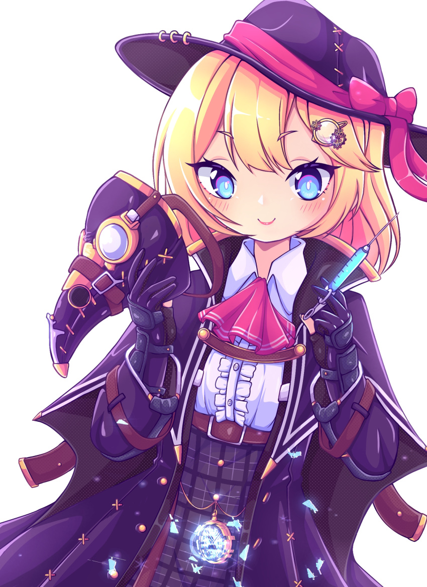 1girl arm_guards ascot aya_chan1221 bangs belt bird_mask black_coat black_gloves blonde_hair blue_eyes bow c: coat commentary english_commentary eyebrows_visible_through_hair gloves hair_between_eyes hair_ornament hat hat_bow hat_ribbon highres holding holding_syringe hololive hololive_english looking_at_viewer mask plaid plaid_skirt pocket_watch ribbon short_hair sidelocks simple_background skirt smile solo syringe virtual_youtuber watch watson_amelia
