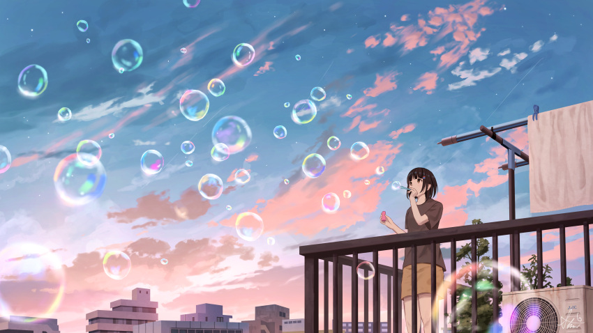 1girl absurdres air_conditioner bangs black_hair black_shirt bubble bubble_blowing building clouds cloudy_sky commentary_request evening highres original outdoors rooftop scenery shirt short_hair shorts shurock sky solo sunset yellow_shorts