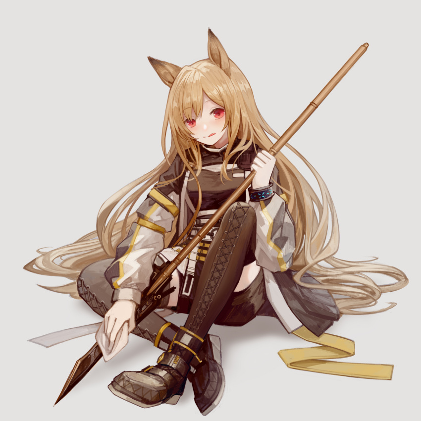 1girl :q absurdres animal_ears arknights black_footwear black_shorts boots brown_hair ceobe_(arknights) cross-laced_footwear dog_ears dog_girl grey_background highres holding holding_polearm holding_weapon jacket lace-up_boots licking_lips long_hair long_sleeves looking_at_viewer miike_(992058) multicolored multicolored_clothes multicolored_jacket polearm red_eyes shoes short_shorts shorts simple_background sitting smile solo spear thigh-highs thigh_boots tongue tongue_out weapon