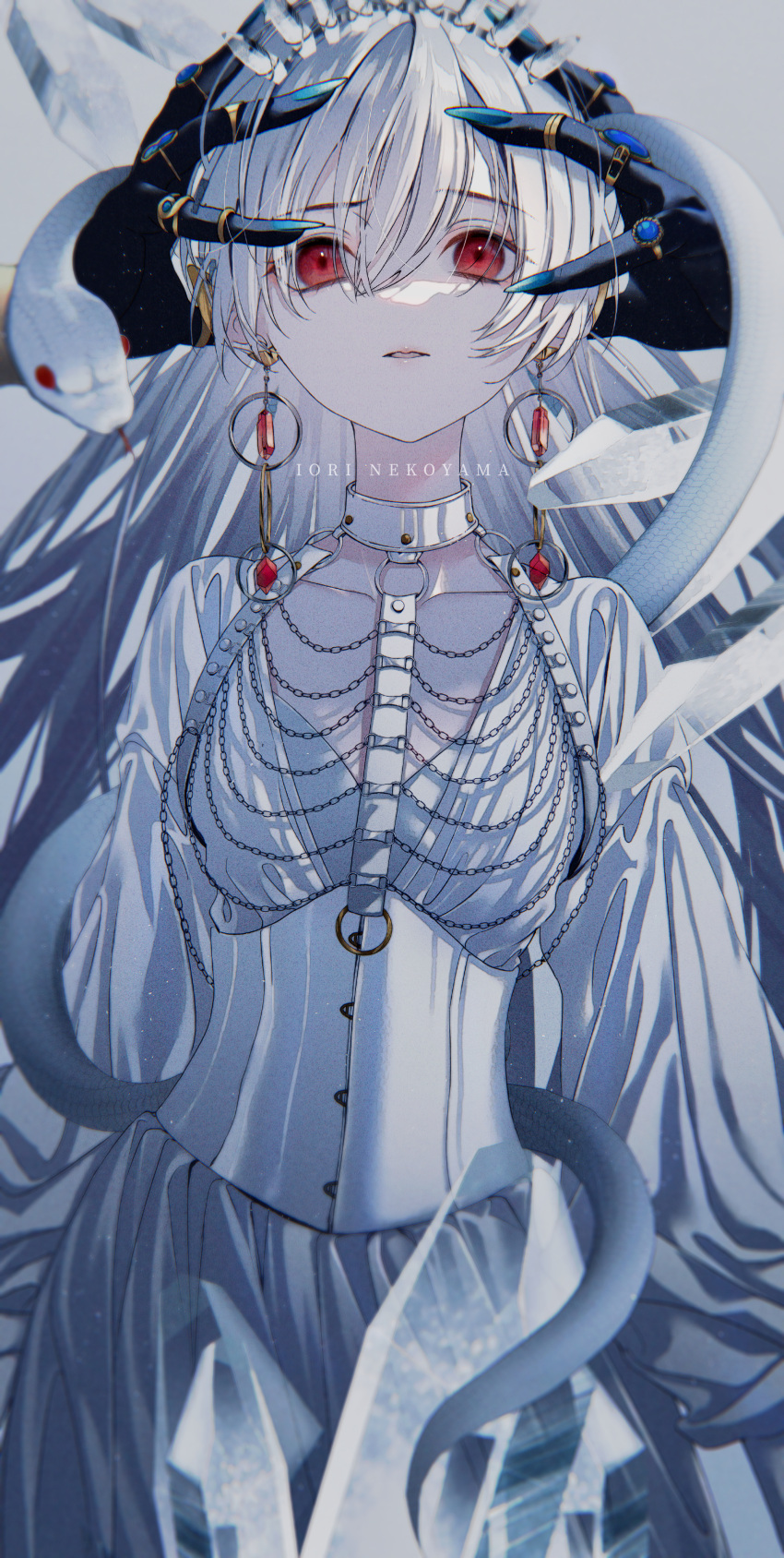 1girl 1other absurdres animal arms_at_sides bangs blue_nails breasts chain collar collarbone commentary corset cowboy_shot dark_skin dress earrings eyebrows_visible_through_hair gem grey_background hair_between_eyes hairband highres holding_another's_head jewelry long_hair long_sleeves nekoyama_iori original out_of_frame parted_lips red_eyes ring sad small_breasts snake solo spiked_hairband spikes symbol-only_commentary white_corset white_dress white_hair white_neckwear white_snake