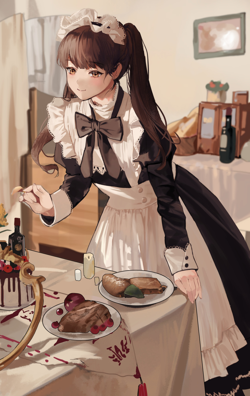 1girl absurdres apron arm_support bangs basket belda34 black_bow black_dress black_ribbon blurry blurry_background blush bottle bow bowtie breasts brown_eyes brown_hair buttons candle closed_mouth dress eyebrows_visible_through_hair feet_out_of_frame food hair_ornament hand_up highres indoors juliet_sleeves korean_commentary lace_trim leaning_forward long_hair long_sleeves looking_at_viewer maid maid_headdress original picture_frame plate puffy_sleeves ribbon sleeve_cuffs small_breasts smile solo table tablecloth twintails white_apron
