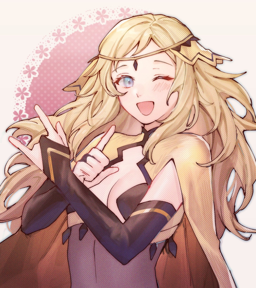 1girl ai_tkkm bangs blonde_hair blue_eyes bodystocking breasts cape circlet fire_emblem fire_emblem_fates highres long_hair looking_at_viewer medium_breasts one_eye_closed open_mouth ophelia_(fire_emblem) solo