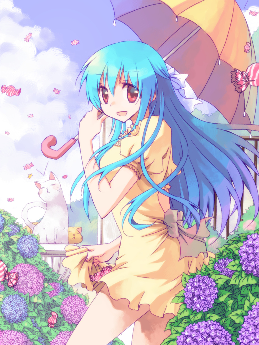 1girl :d artweaver_(medium) bangs blue_hair blue_sky bow breasts brown_bow candy cat clouds commentary_request cowboy_shot dress eyebrows_visible_through_hair flower food frilled_dress frills hair_bow highres holding holding_umbrella hydrangea long_hair looking_at_viewer medium_breasts open_mouth original pink_flower puffy_short_sleeves puffy_sleeves purple_flower rain red_eyes sakakura_(sariri) short_sleeves sky smile solo umbrella white_bow wrapped_candy yellow_dress