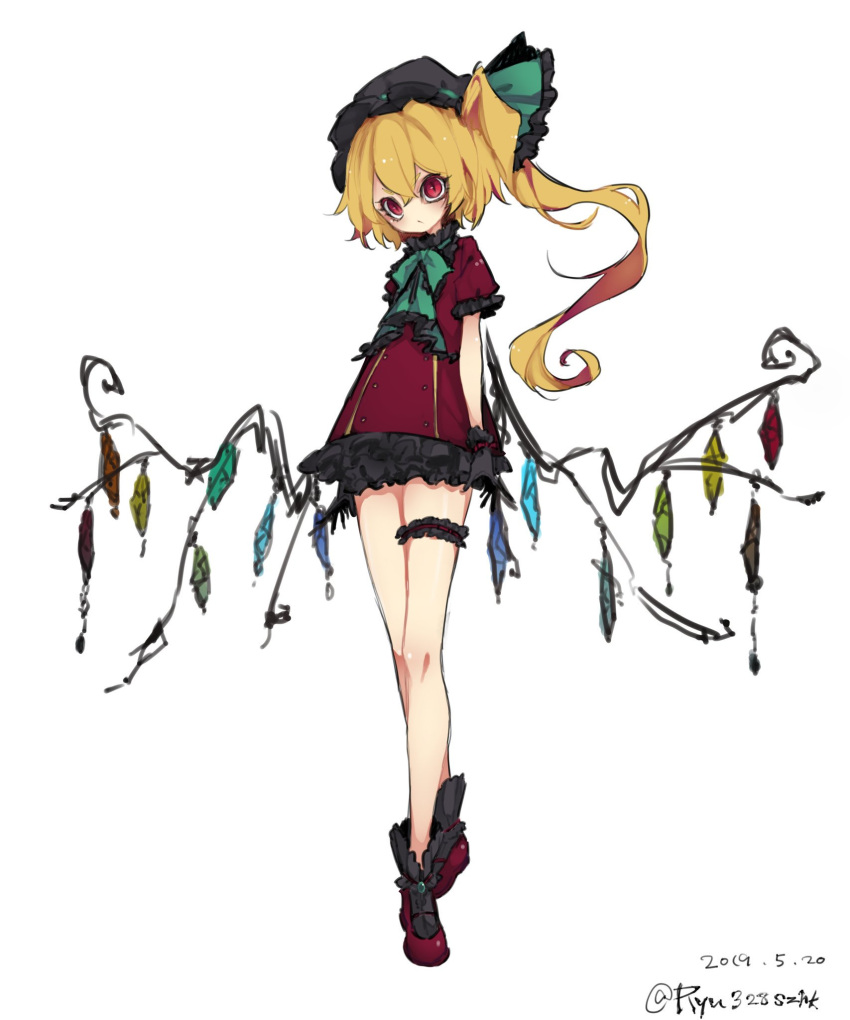 1girl adapted_costume alternate_color bangs black_gloves black_headwear blonde_hair commentary_request crystal dated dress flandre_scarlet frilled_sleeves frills full_body gloves green_neckwear hair_ribbon hat highres leg_garter long_hair mob_cap neck_ribbon one-hour_drawing_challenge one_side_up red_dress red_eyes red_footwear ribbon riyuu_(ryu328szhk) shoes short_sleeves simple_background slit_pupils solo touhou twitter_username white_background wings