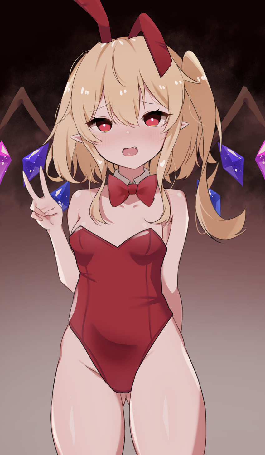 1girl :d absurdres alternate_costume animal_ears arm_behind_back ass_visible_through_thighs bad_hands bangs bare_shoulders blonde_hair blush bow bowtie breasts bright_pupils collarbone commentary_request cowboy_shot crystal detached_collar eyebrows_visible_through_hair fake_animal_ears fang flandre_scarlet gradient gradient_background grey_background hair_between_eyes hand_up highres kamukamu_23 leotard looking_at_viewer no_hat no_headwear nose_blush one_side_up open_mouth pointy_ears rabbit_ears red_bow red_eyes red_leotard red_neckwear short_hair simple_background small_breasts smile solo strapless strapless_leotard tongue touhou v white_pupils wings