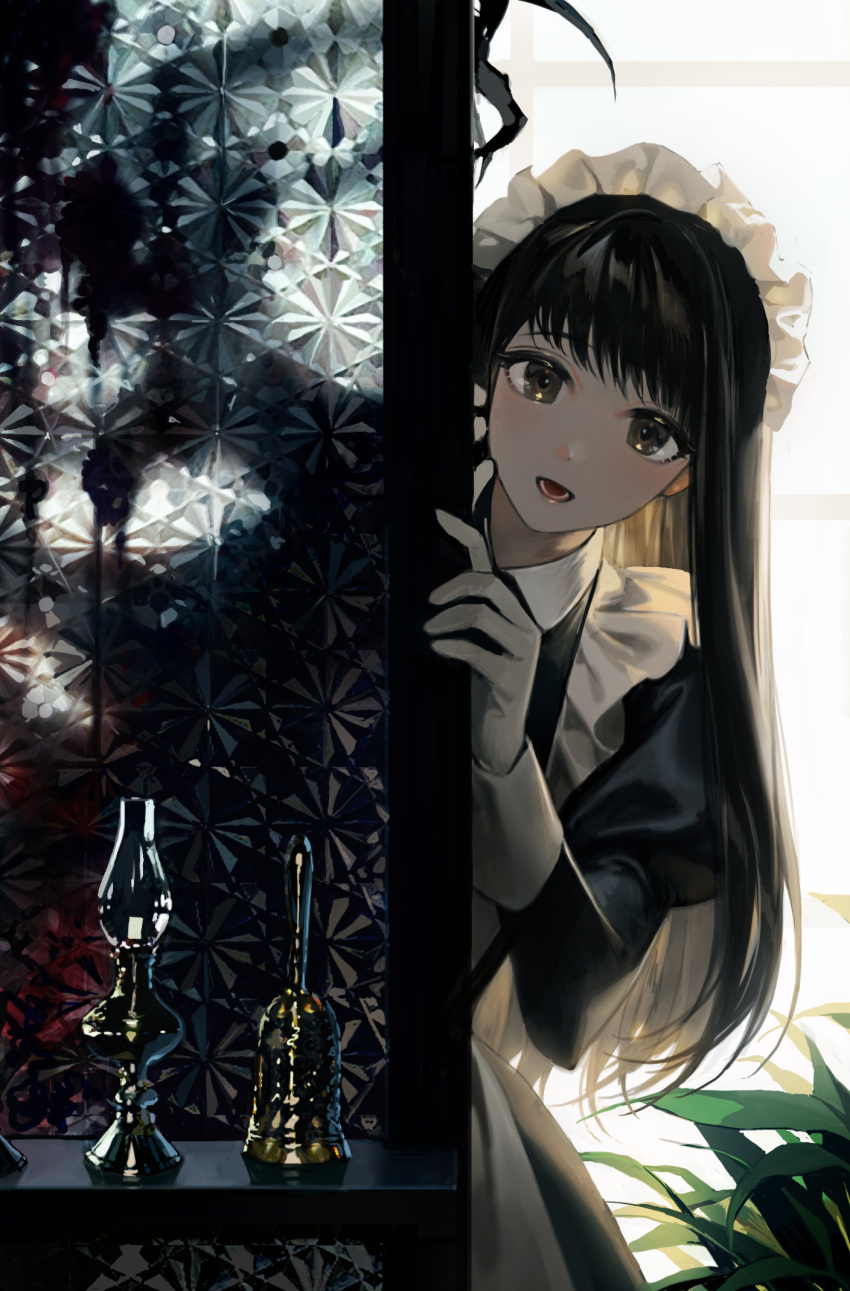 1girl bangs bell black_dress black_eyes black_hair blush claws collared_dress commentary dress english_commentary frills glass gloves hair_ornament hand_up highres indoors juliet_sleeves leaf long_hair long_sleeves looking_at_viewer maid maid_headdress on_(onon2659) open_mouth original plant puffy_sleeves silhouette sleeve_cuffs smile solo upper_body white_gloves