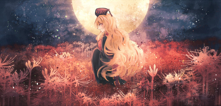 1girl blonde_hair breasts chinese_clothes commentary_request expressionless flower full_moon highres junko_(touhou) large_breasts light_particles long_hair long_sleeves looking_at_viewer mobilis_1870 moon night night_sky phoenix_crown sky solo spider_lily standing tabard tassel touhou yellow_eyes